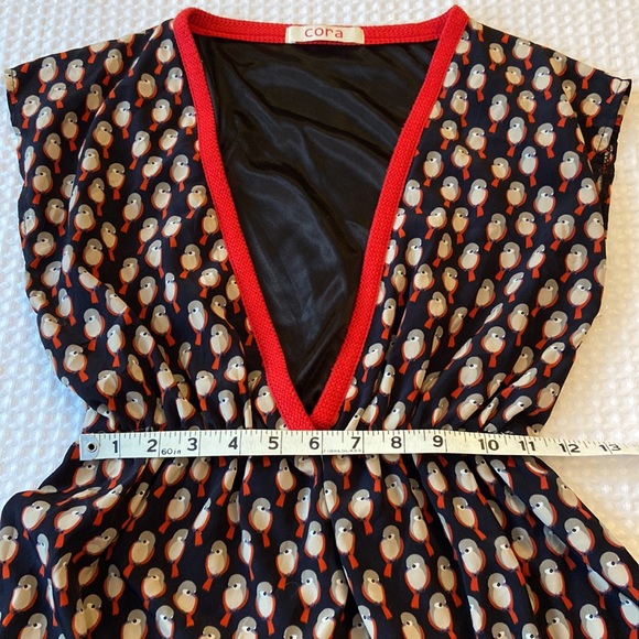 CORA Fit & Flare Deep V Neck Navy Red Bird Dress Size Small - Picture 12 of 14